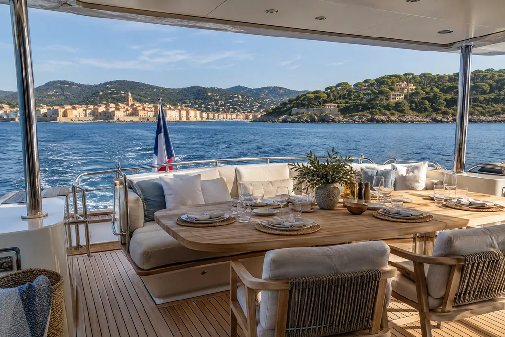 Shaded yacht dining deck overlooking the Saint-Tropez coast