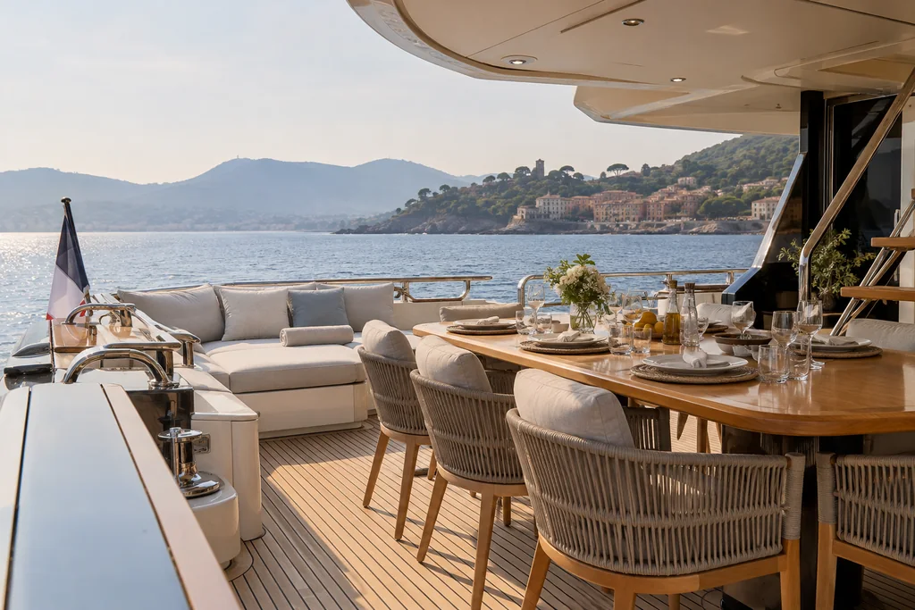 Espace repas ombragé sur un yacht face à la côte de Saint-Tropez