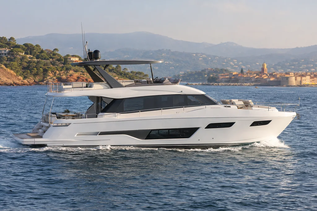 Yacht à moteur vu depuis la mer près de Saint-Tropez