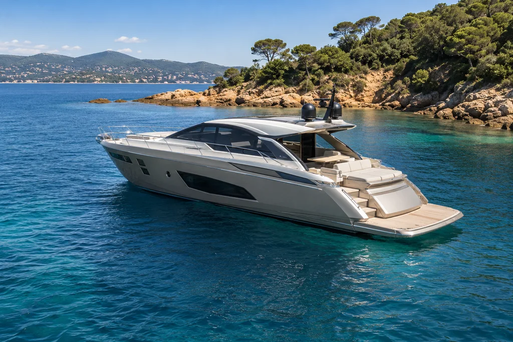 Motor yacht in a sheltered bay near Saint-Tropez