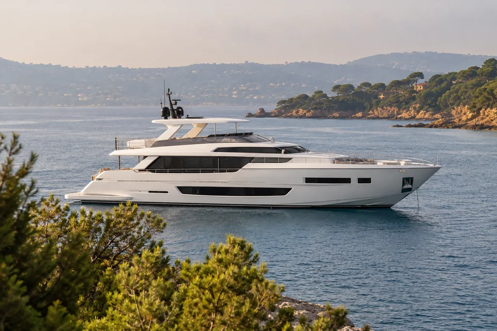 Yacht avec flybridge au mouillage près de Saint-Tropez