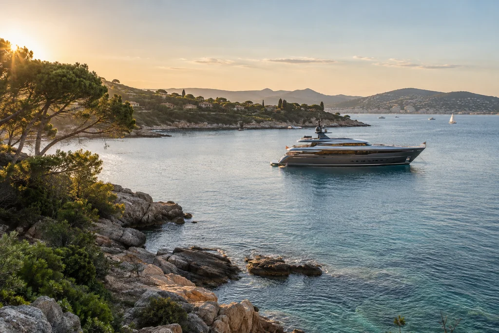 Reliefs et rivage vus au large sur une autre portion de côte près de Saint-Tropez