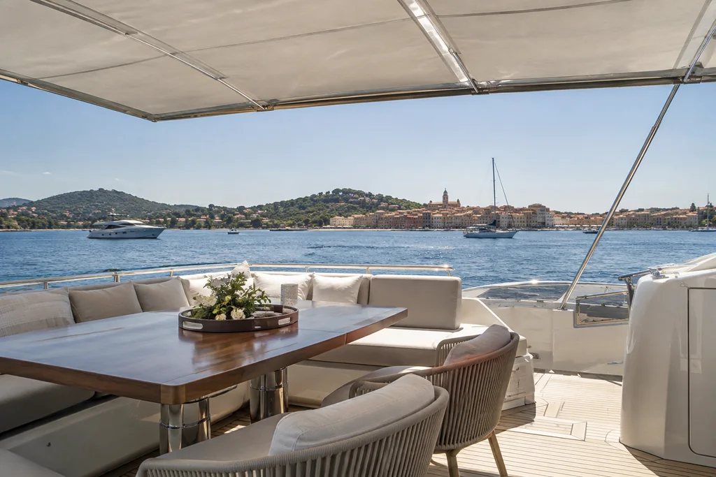 Cockpit ombragé avec places assises et passage dégagé sur un yacht