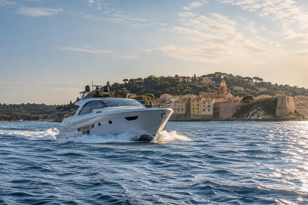 Yacht à moteur devant le littoral de Saint-Tropez, vu depuis la mer