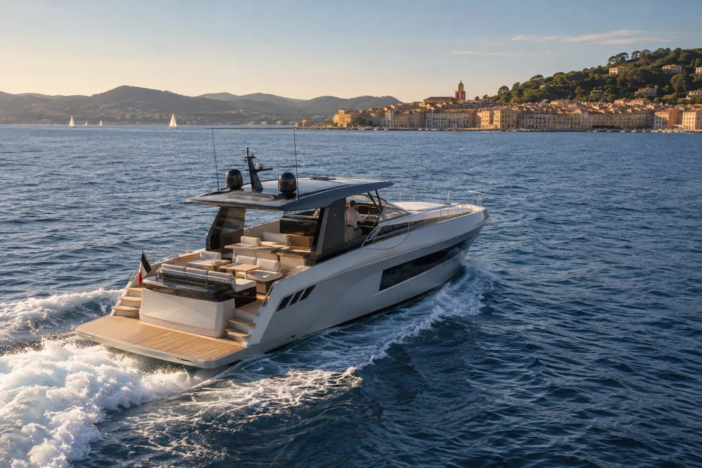 Yacht à moteur avec cockpit arrière et espaces de pont près de Saint-Tropez