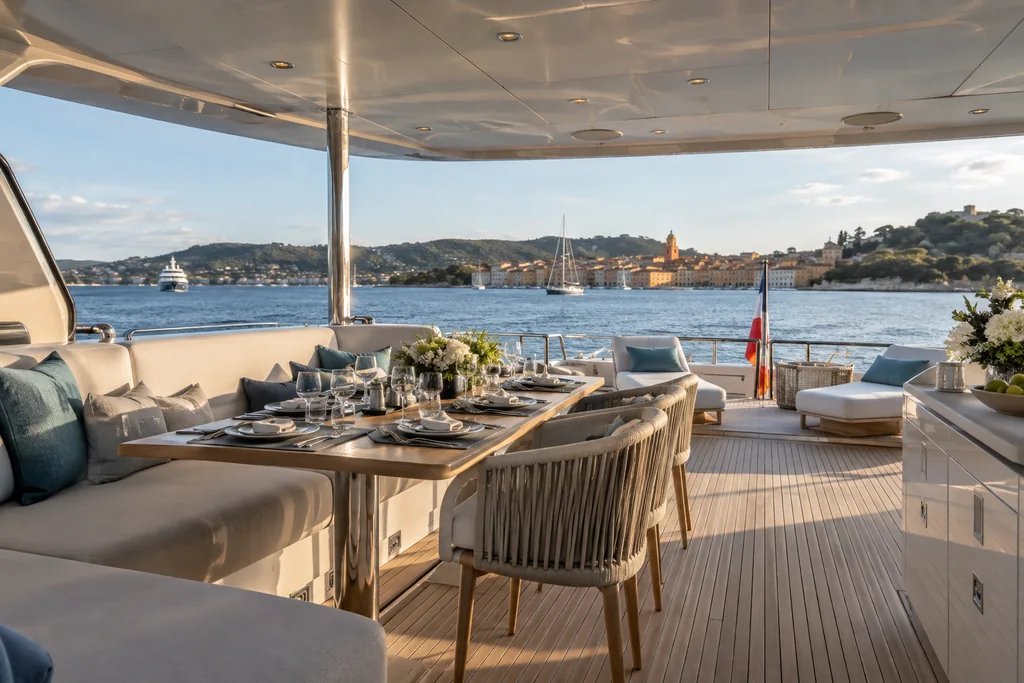 Salon de pont ouvert sur la mer pour un séjour en yacht autour de Saint-Tropez