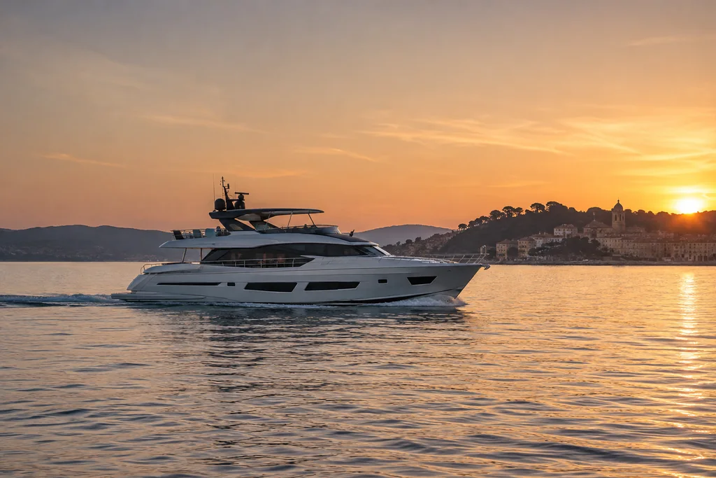 Yacht sur la mer dans la lumière du soir près de Saint-Tropez