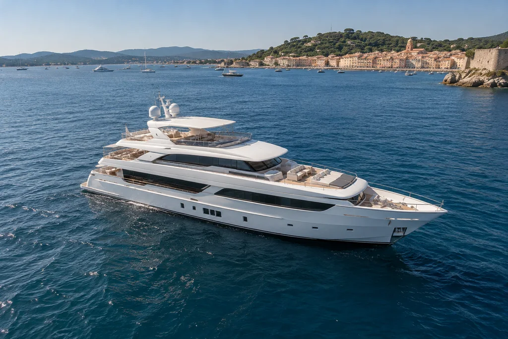 Grand yacht à plusieurs ponts devant la côte de Saint-Tropez