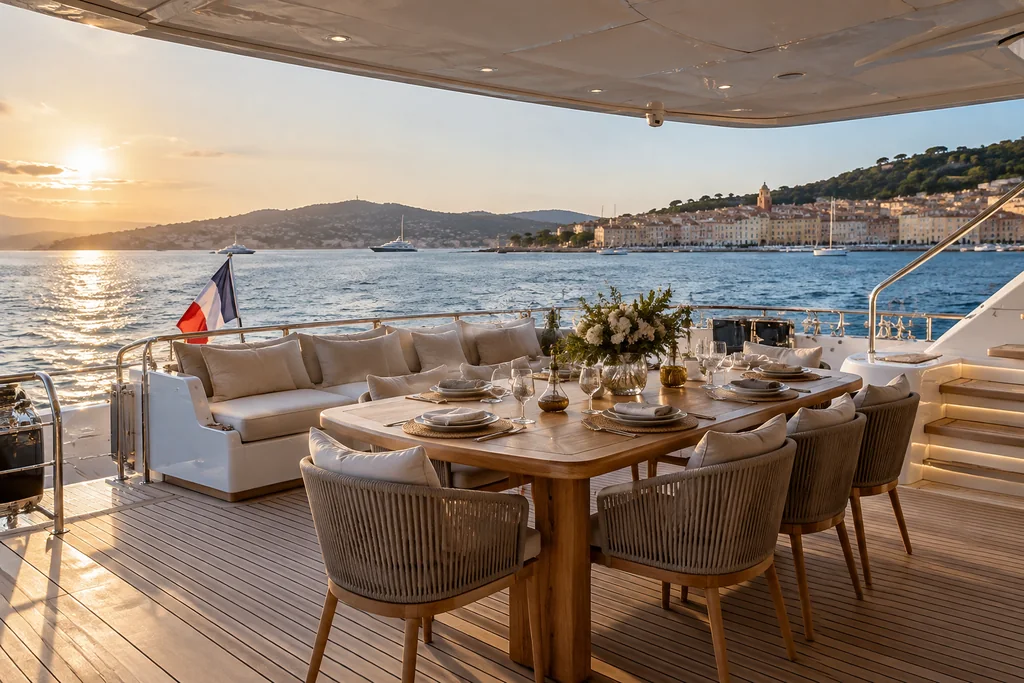 Terrasse ombragée et table sur un yacht au large de Saint-Tropez