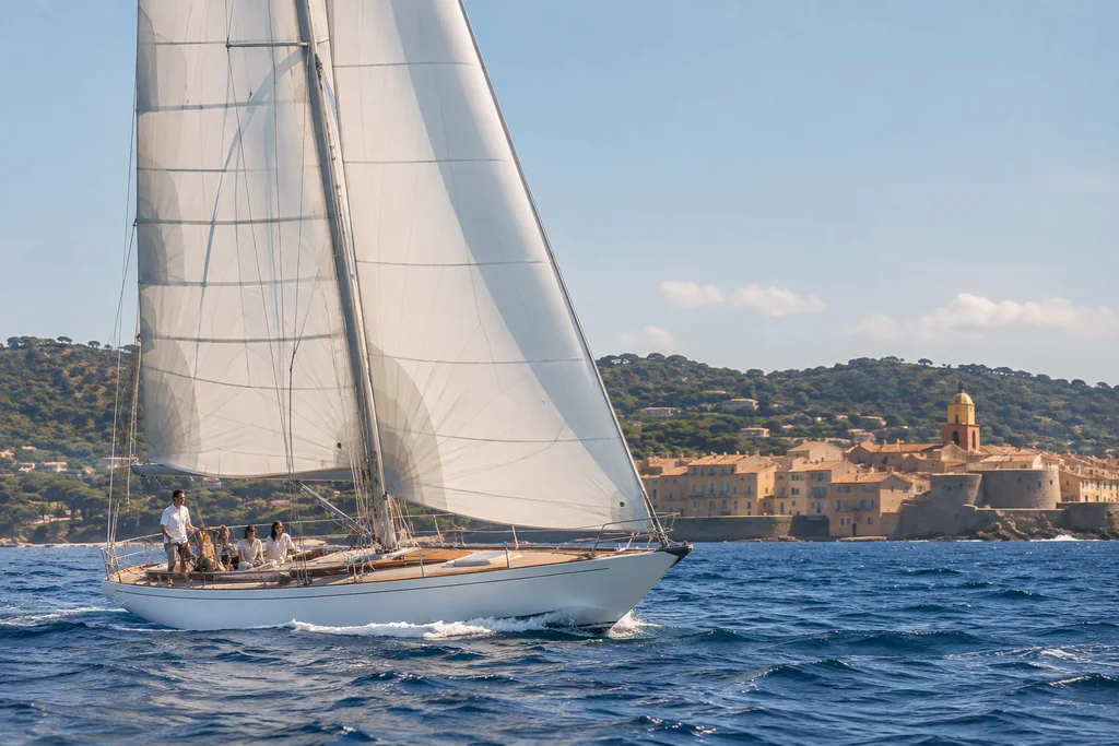 An unbranded classic white sailing yacht crossing the Gulf of Saint-Tropez, loose summer atmosphere and correct sailing rig
