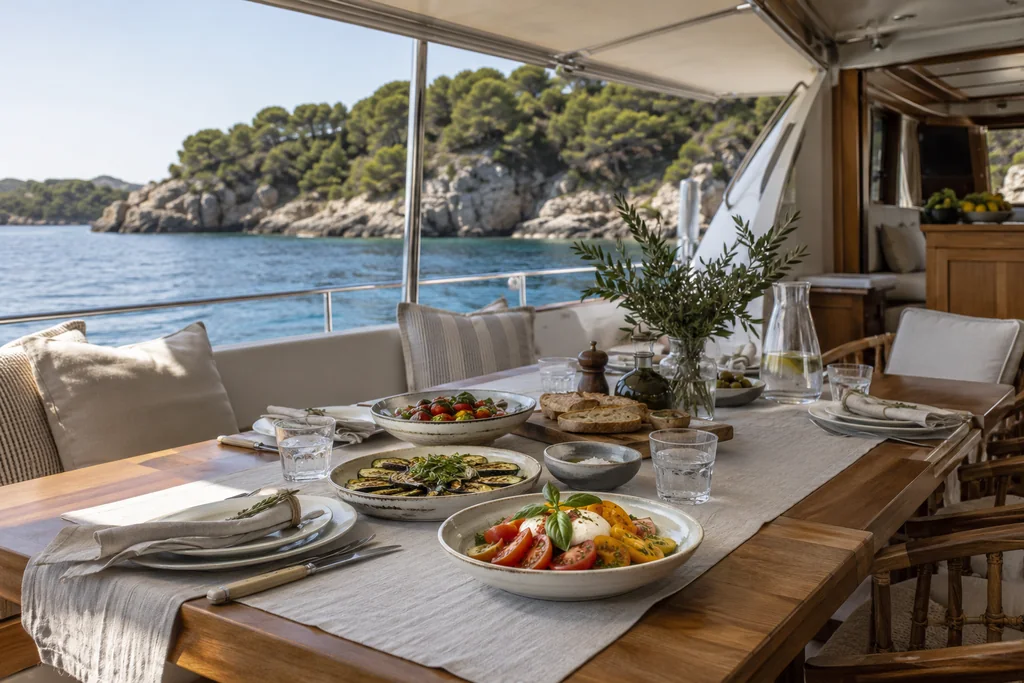An inviting yacht lunch table with local-style summer vegetables, glasses of water, cream linen and a shaded deck, no people