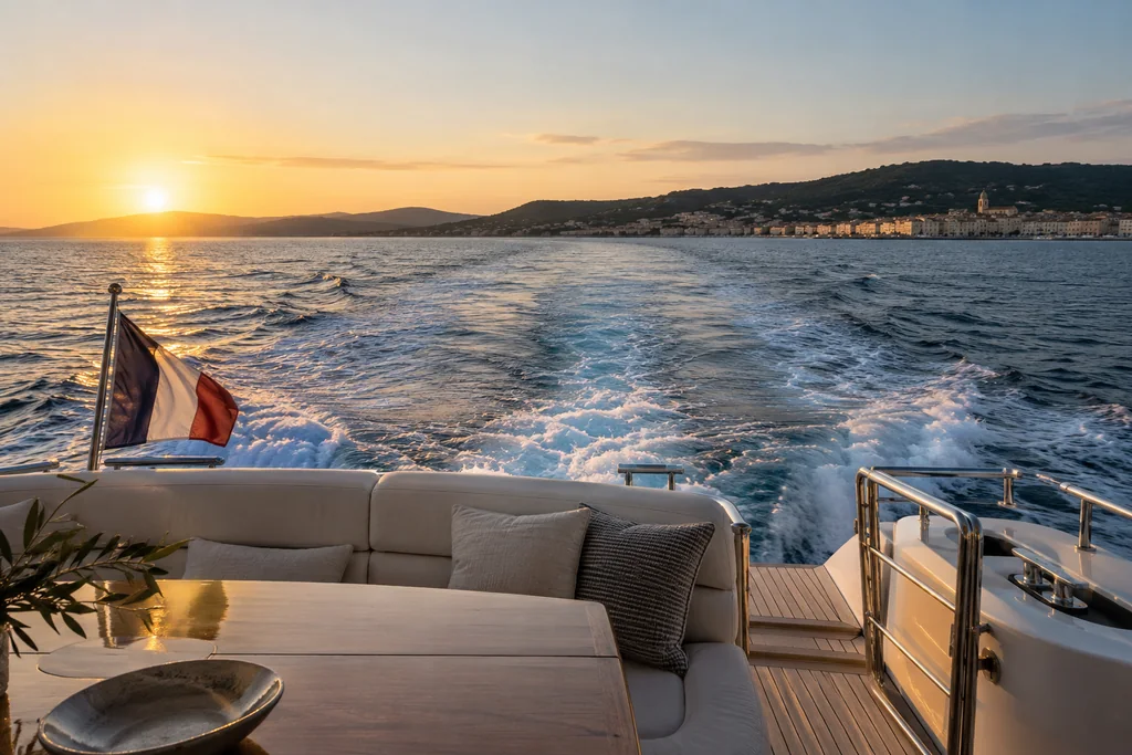 Quiet golden-hour wake behind a yacht leaving the Gulf of Saint-Tropez, deck foreground and a low coastline