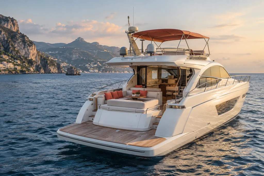 White unbranded Mediterranean motor yacht with warm teak, coral canvas accents and an open aft lounge, no people, actual coherent vessel proportions