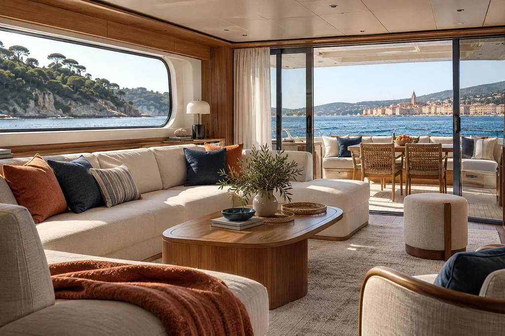 A refined unbranded private yacht saloon with a comfortable seating group near Saint-Tropez