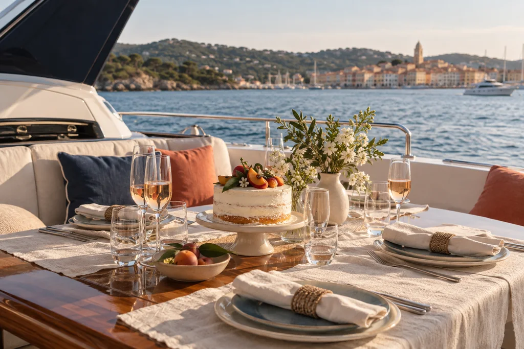 An intimate private yacht table for a celebration with a small cake near Saint-Tropez