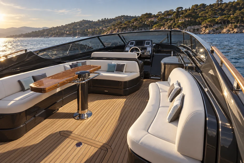 Riva 63 Virtus cockpit with curved seating and teak table overlooking the Gulf of Saint-Tropez